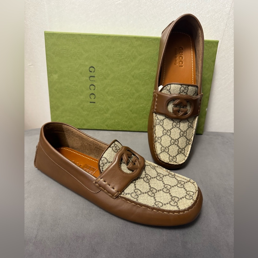 New Gucci GG  Interlocking Men's Loafer Brown Driver Leather Shoes Sz G8. $795